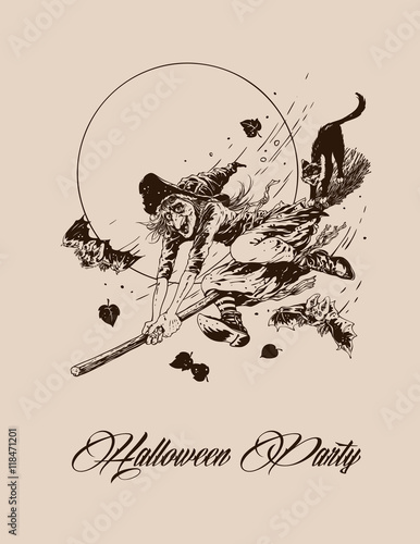 Vintage halloween witch flying on broom with black cat vector illustration