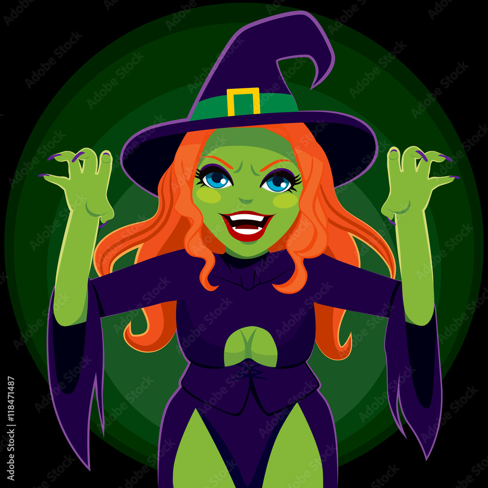 Young evil sexy scary green skin witch showing menacing claws up expression  in dark background vector de Stock | Adobe Stock