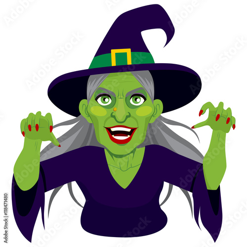 Old evil scary green skin witch with menacing expression showing claws isolated on white background