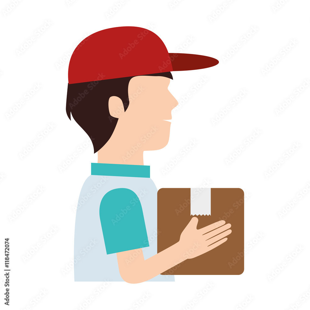 man delivery box hat pictogram dispatch service person vector illustration isolated