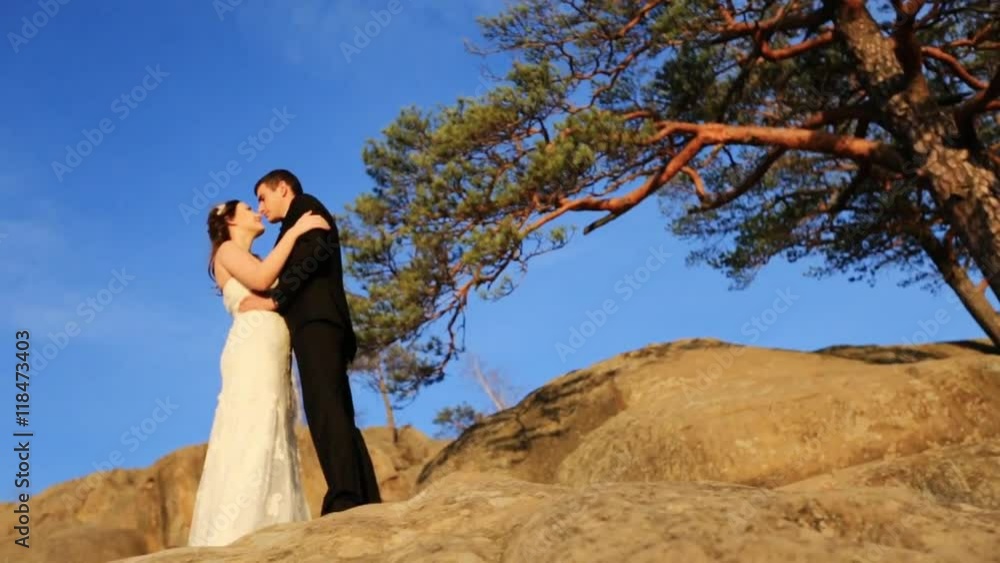 Romantic fairytale couple newlyweds posing at sunset on a background of mountains Romantic fairytale couple newlyweds posing at sunset on a background of mountains