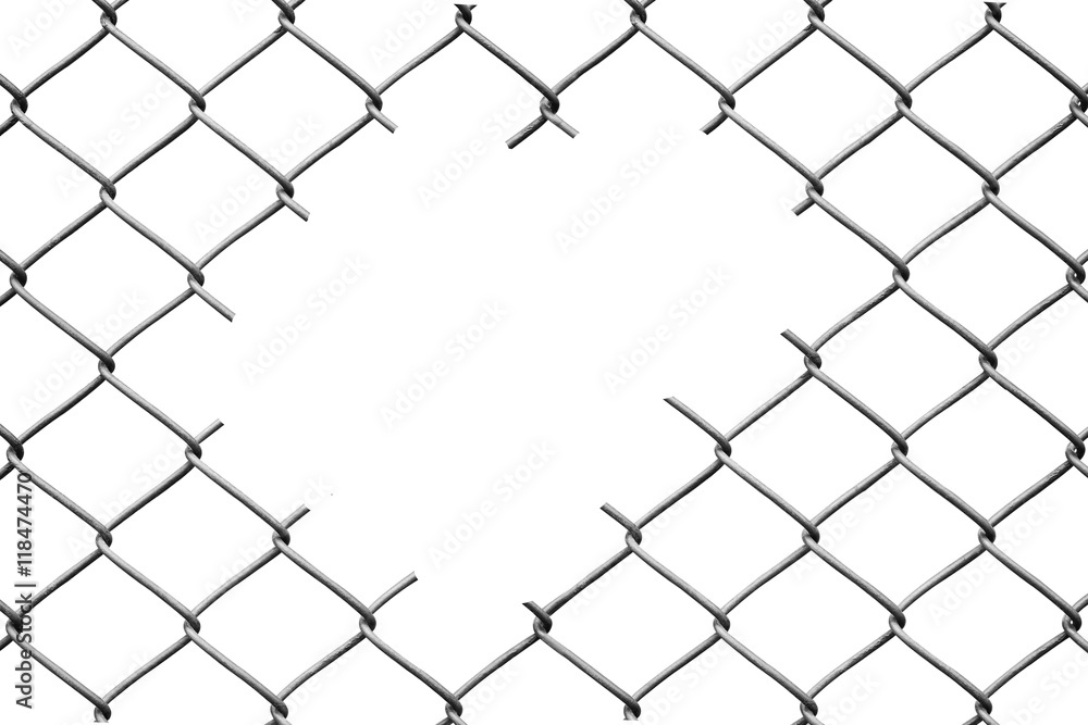Hole in the Wire Mesh Fence on a white Hole in the Wire Mesh Fence on a white