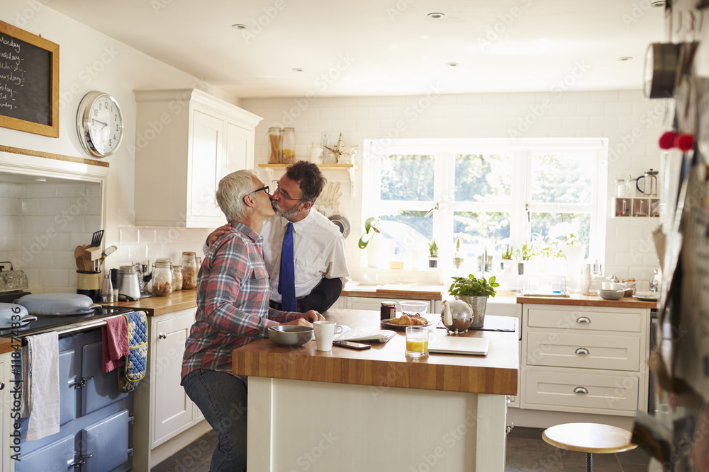 Male couple kissing before one leaves for work, side view Male couple kissing before one leaves for work, side view