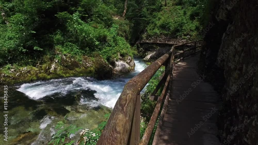 4K. Walking around Vintgar Gorge. Wild Radovna river flows near the wooden bridge. Clean blue water and green forest. Triglav National Park, Julian Alps, Bled valley, Slovenia, Europe.
