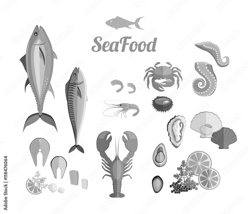 Obraz premium Seafood Set Design Flat Fish and Crab