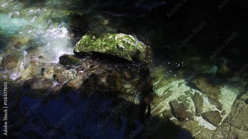 4K. Wild river flows in Vintgar Gorge. Clean deep blue water. Triglav National Park, Julian Alps, Bled valley, Slovenia, Europe. 4K. Wild river flows in Vintgar Gorge. Clean deep blue water. Triglav National Park, Julian Alps, Bled valley, Slovenia, Europe.