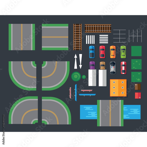 Flat cars and different things for cars. Top view