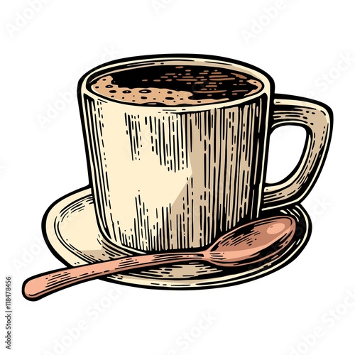 Cup of coffee with saucer, spoon.