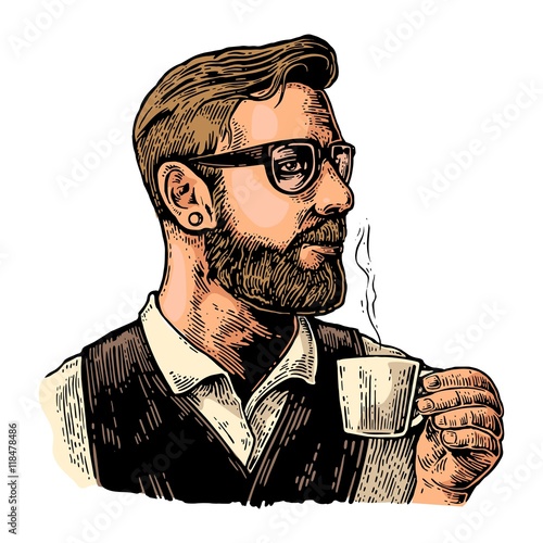 Hipster barista with the beard holding a cup of hot coffee.