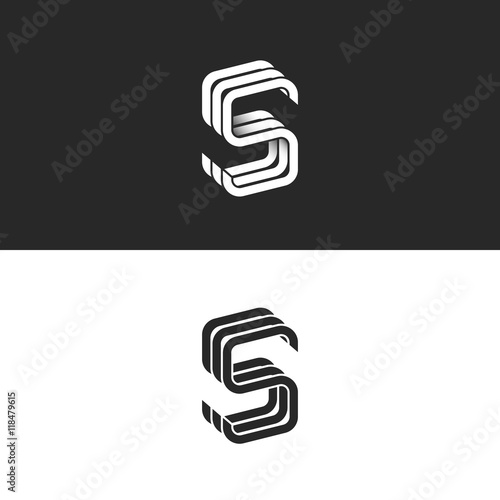S logo monogram mockup, isometric geometric shape linked letters SSS emblem wedding card initial, black and white thin line offset