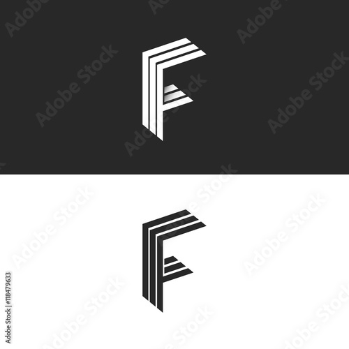 Letter F logo monogram initial, isometric geometric shape graphic design set 3D element, linear black and white business card emblem simple mockup photo