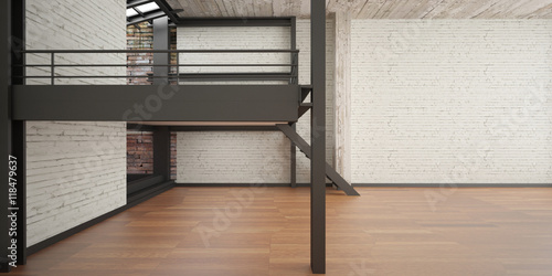 Foto 3d interior rendering industrial Mezzanine space and wood floor and Loft design