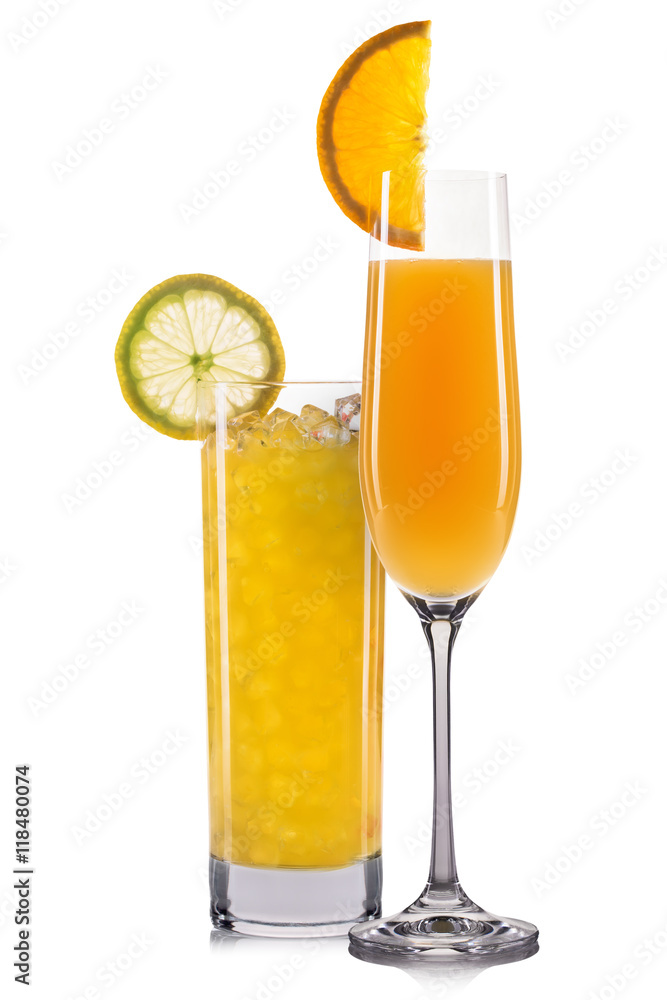 Set of orange cocktails with decoration from fruits and colorful straw isolated on white background. Set of orange cocktails with decoration from fruits and colorful straw isolated on white background.