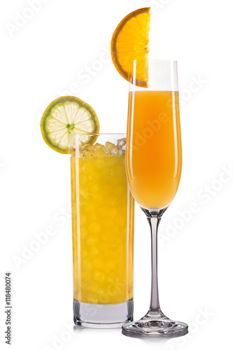 Set of orange cocktails with decoration from fruits and colorful straw isolated on white background.