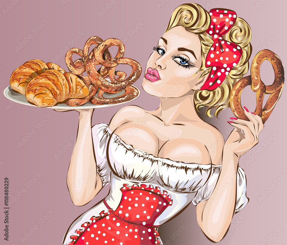 Pop Art woman with food tray. Pin-up sexy girl Stock Vector | Adobe Stock