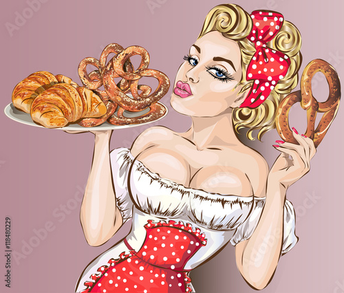 Pop Art woman with food tray. Pin-up sexy girl