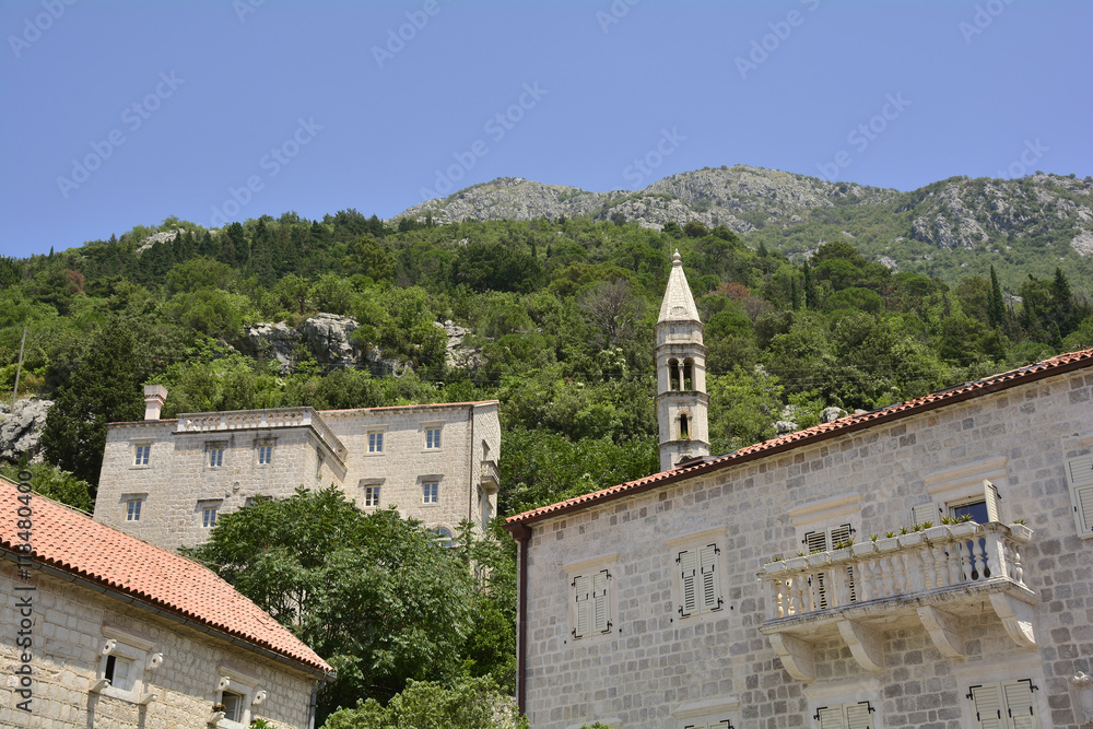 Historic buildings in Perast old town, Montenegro.
