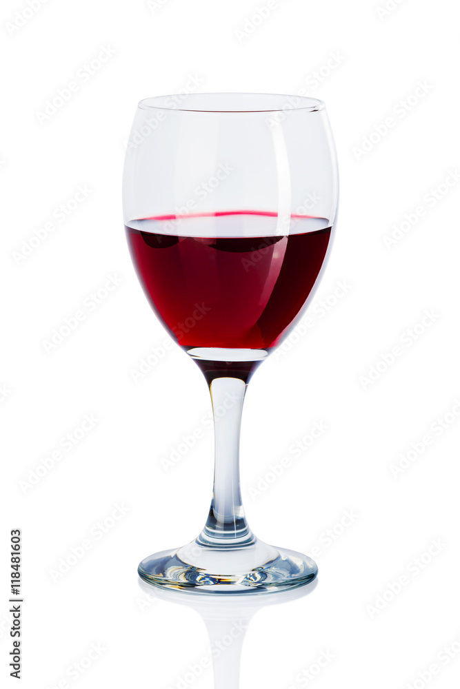 A glass of red wine on a white background.