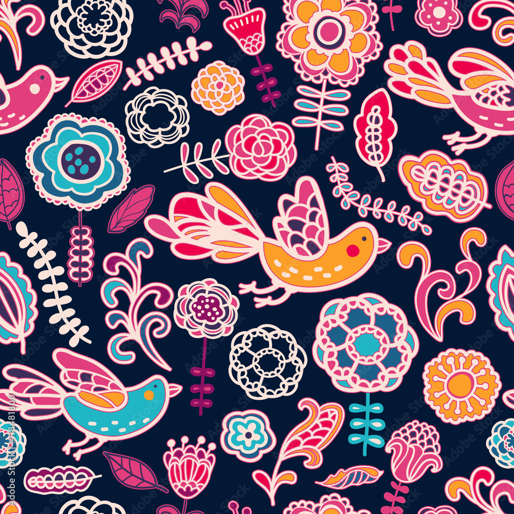 Seamless pattern made of flowers and birds Seamless pattern made of flowers and birds