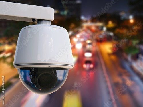 security camera or cctv camera with city street background