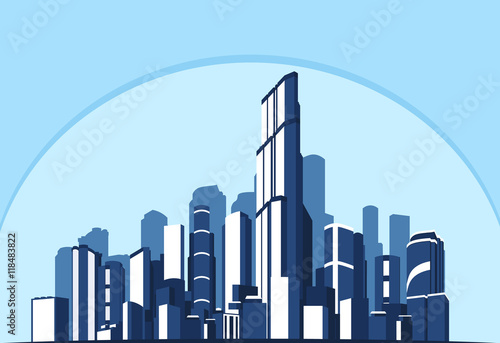 Vector illustration. Abstract blue background city of the future. Business and tourism concept with skyscrapers.
