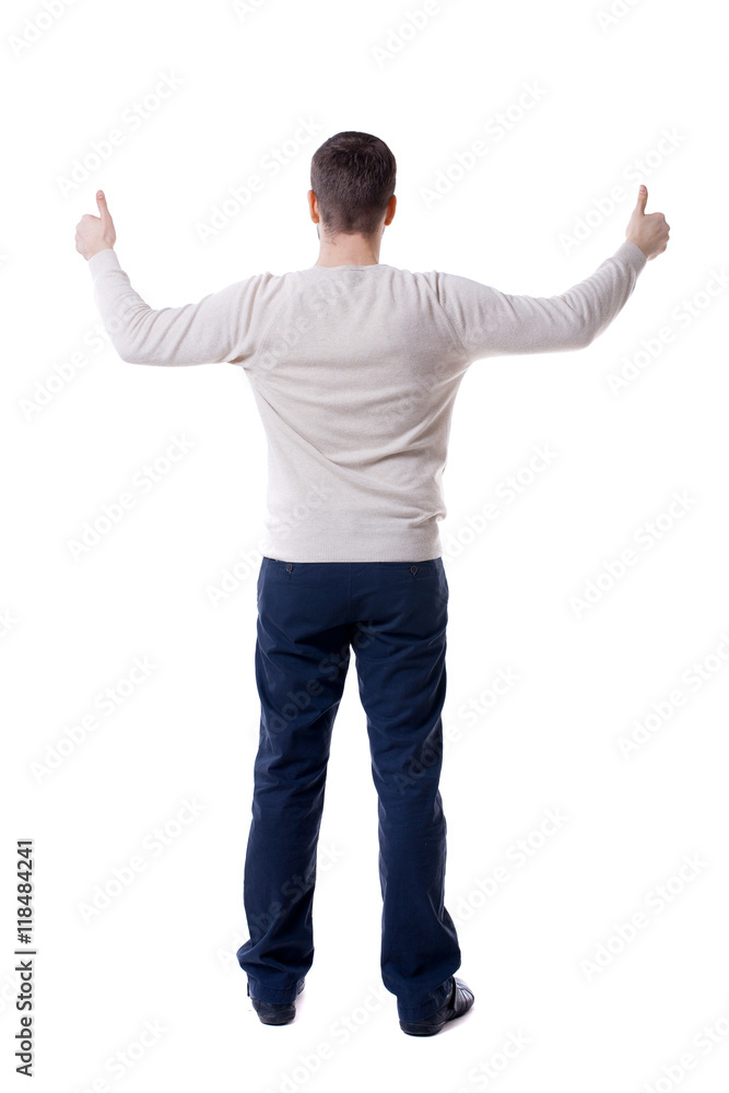 Back view of business man shows thumbs up. Rear view people collection. cheerful office worker shows positive emotions. backside view of person. Isolated over white background. The bearded man in Back view of business man shows thumbs up. Rear view people collection. cheerful office worker shows positive emotions. backside view of person. Isolated over white background. The bearded man in