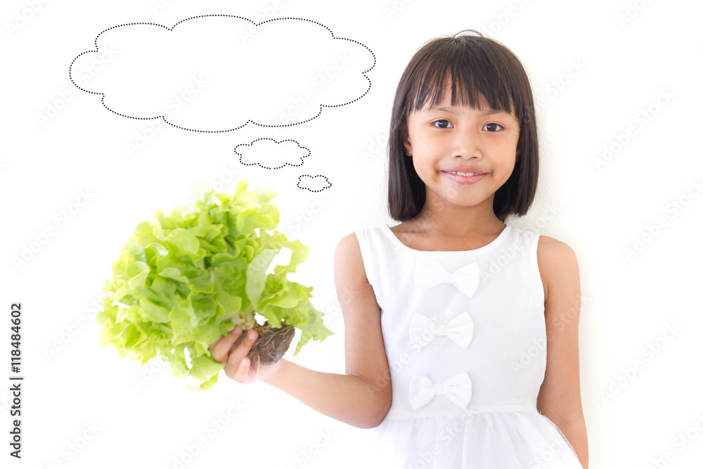 Children girl is expressions of healthy food on white background Children girl is expressions of healthy food on white background