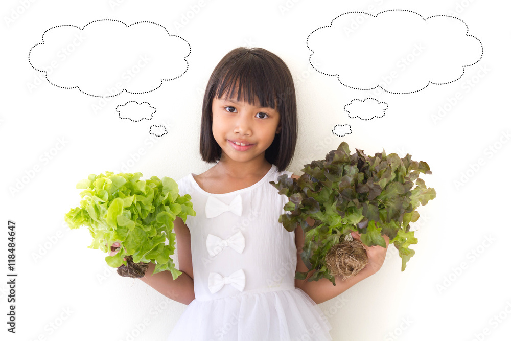 Children girl is expressions of healthy food on white background Children girl is expressions of healthy food on white background