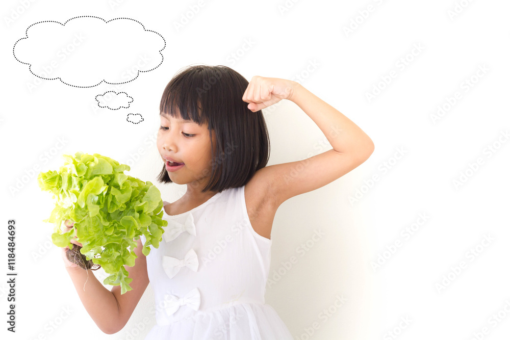Children girl is expressions of healthy food on white background Children girl is expressions of healthy food on white background
