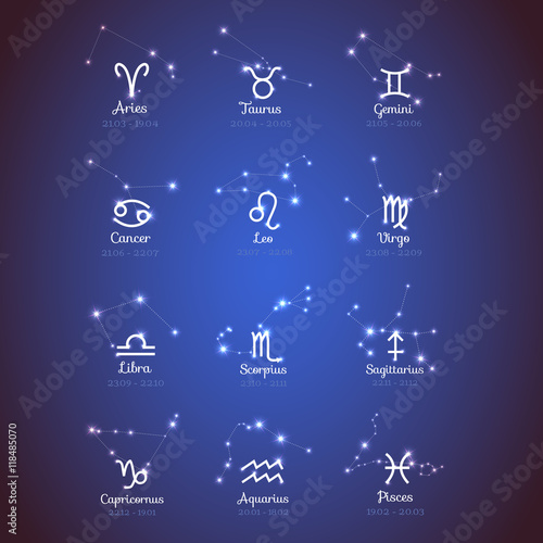 Vector horoscope set. Zodiac sights with sparkling stars  calendar for twelve month one year 