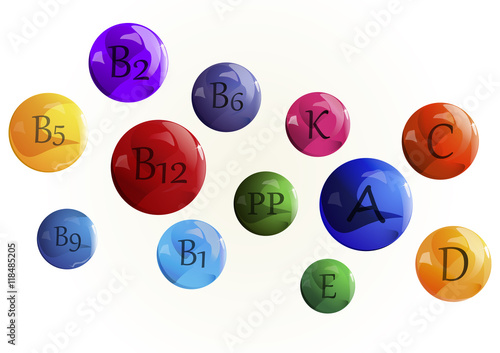 Vector image. Vitamins set. Vitamin A Retinol B complex C Ascorbic acid D, E, K , PP