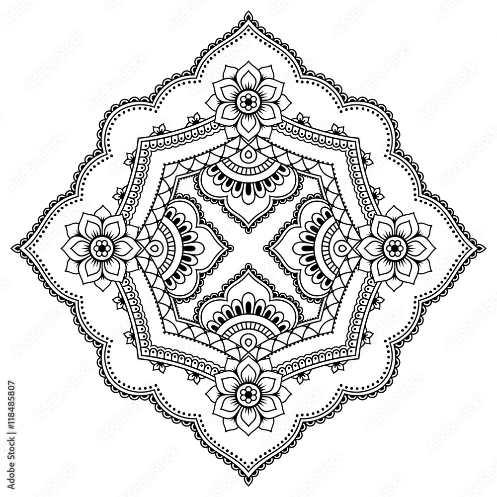 Henna tattoo mandala in mehndi style. Pattern for coloring book. Hand drawn vector illustration isolated on white background. Design element in Doodles style.
