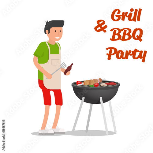 Man of cooking meat with a grill. Barbecue party.