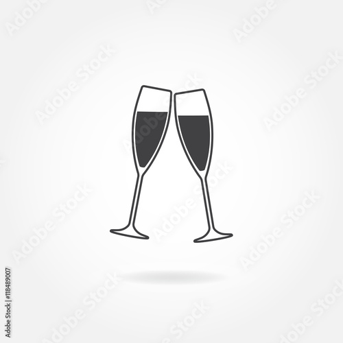 Two glasses of champagne or wine. Cheers icon or sign. Vector illustration.