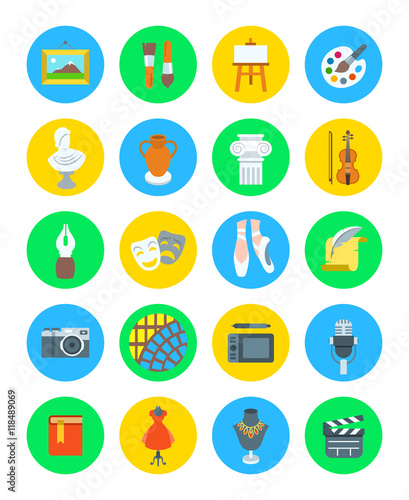 Art and crafts flat vector round icons set. Colorful symbols of painting, architecture, sculpture, writing, music, ballet, theater, cinema, calligraphy, photography, pottery, jewelry and tailoring