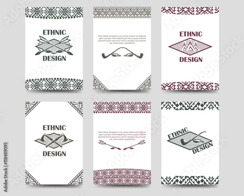 Ethnic cards flyers template set with native american style borders. Vector illustration