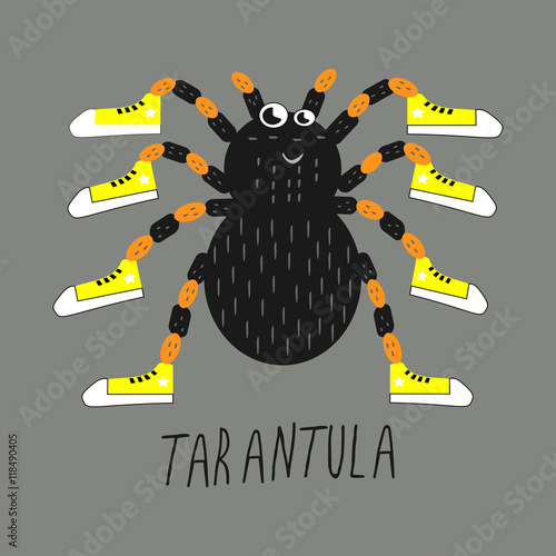 Vector illustration of a smiling tarantula with yellow sneakers on a gray background