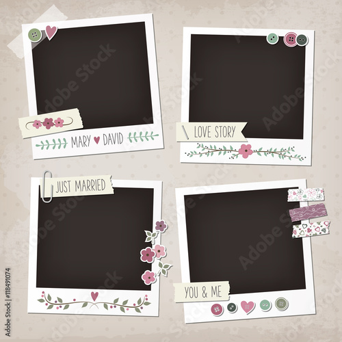 Vintage scrapbook set of photo frames with flowers, laurels, wreaths, stickers, washi tapes, buttons. Wedding scrapbook elements.