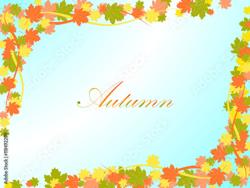 Autumn light blue background with colorful maple leaves and lines in opposite corners