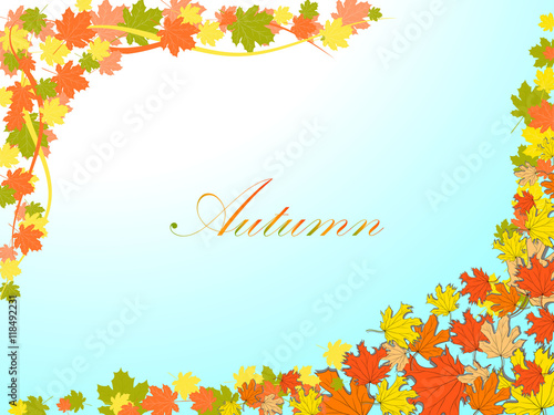 Autumn light blue background with colorful maple leaves in the opposite corners