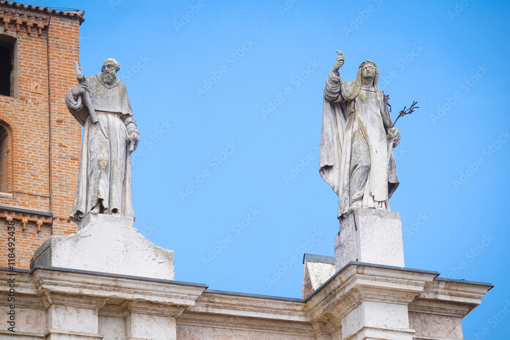 MANTUA, ITALY - JULY, 23, 2016: Sculpturs on a facade of Saint Peter Mantua Cathedral on a square infront of in Mantua, Italy