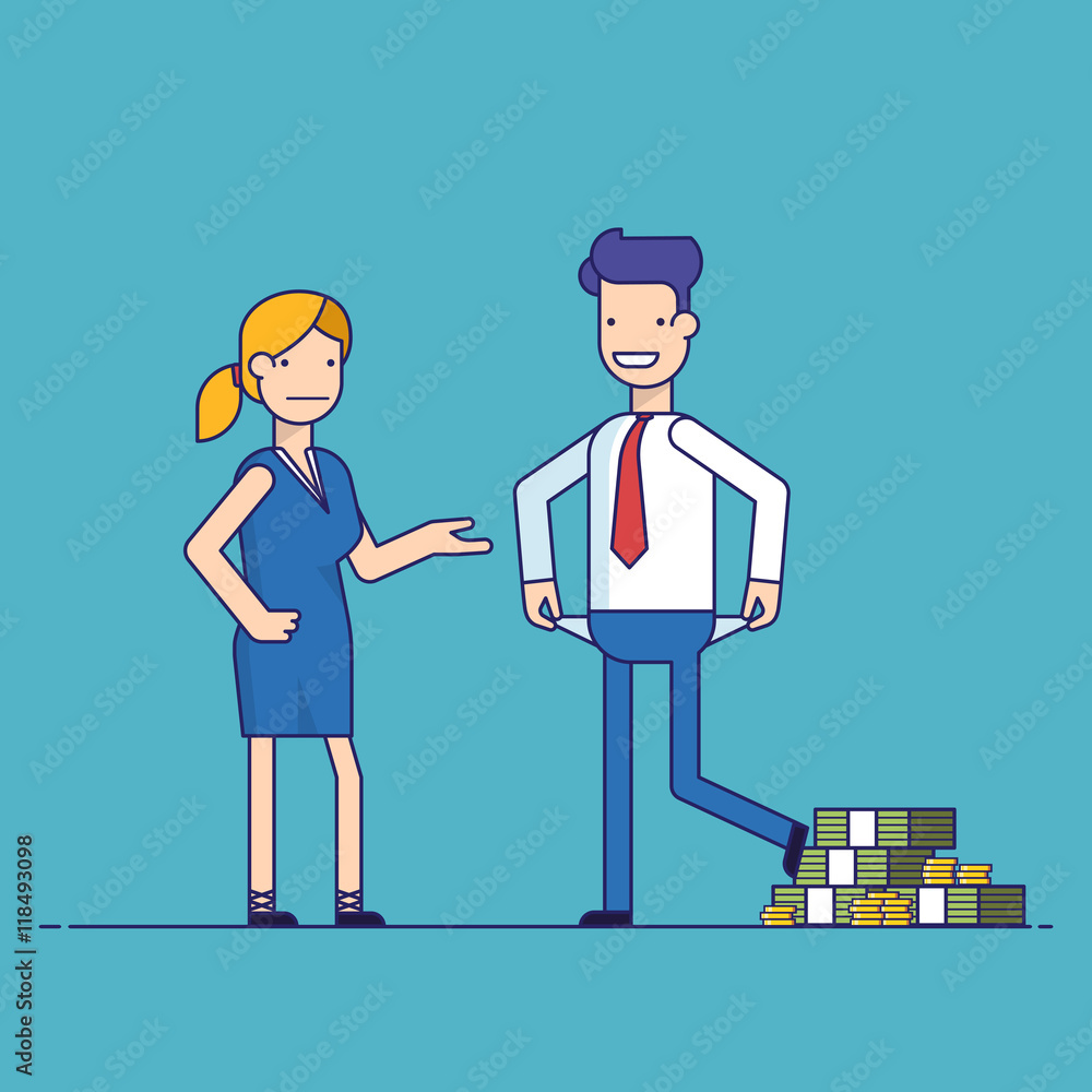 Man cheating woman. Businessman with lots of money evades payment. Financial fraud. Greedy man in trousers and shirt. False bankruptcy. Thin line vector illustration in flat style. Man cheating woman. Businessman with lots of money evades payment. Financial fraud. Greedy man in trousers and shirt. False bankruptcy. Thin line vector illustration in flat style.