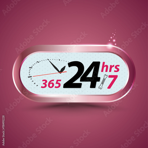 365 24hrs /7 open customer service with clock. Vector illustration.