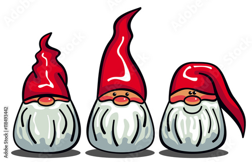 Three cute gnomes with white beards and long red hats. Funny characters for Christmas decorations, greetings cards and other design artworks. Vector clip art.