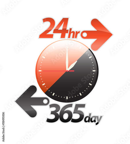 Orange black 24hr 365 day arrow, round the clock service sticker, icon, label, banner, sign isolated on white. Vector illustration.