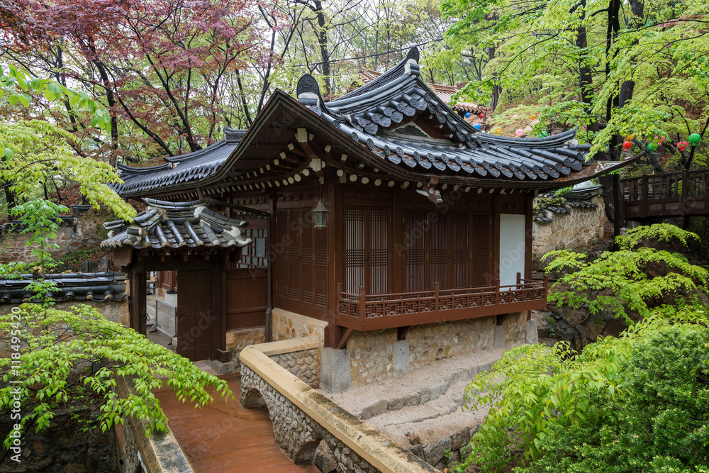 Gilsangheon - a wooden building, living quarters for master sunim (senior monks) at the Gilsangsa Temple in Seoul, South Korea. Gilsangheon - a wooden building, living quarters for master sunim (senior monks) at the Gilsangsa Temple in Seoul, South Korea.
