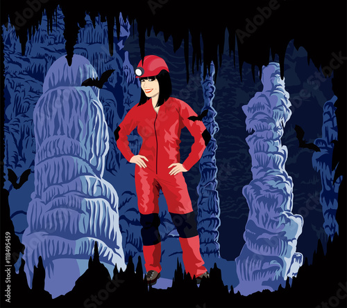 Vector girl caver in cave with stalactites and stalagmites and bats