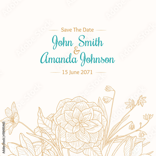 Vector Vintage Turquoise Light Brown Border Frame Floral Drawing Wedding Invi...