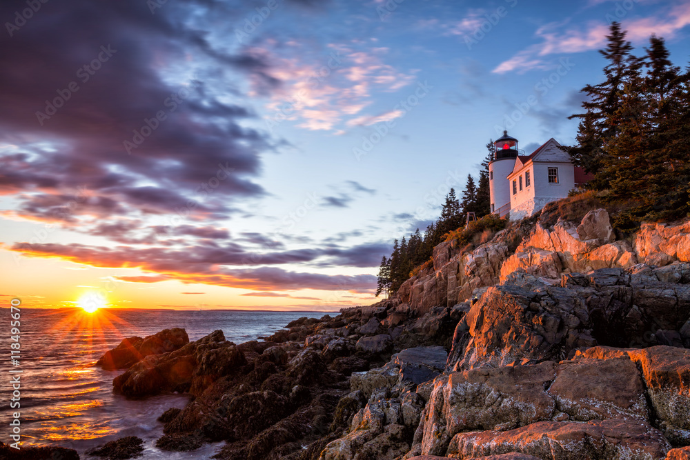 Bass Harbor Lighthouse at sunset Acadia National Park