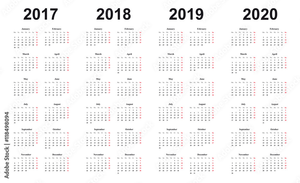 Kalender 2017, 2018, 2019, 2020, Vorlage, Einfaches Design Stock Vector |  Adobe Stock